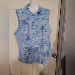 Kim Rogers Light Blue Beach Scene Shirt Size XXL Pit To Pit 23